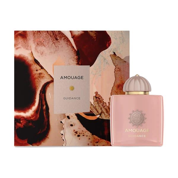 Amouage Guidance Eau de Parfum bottle with matching artistic packaging displayed beside abstract pink and brown watercolor-inspired artwork