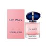 Giorgio Armani My Way Eau de Parfum pink perfume bottle beside matching fragrance box on a white background.