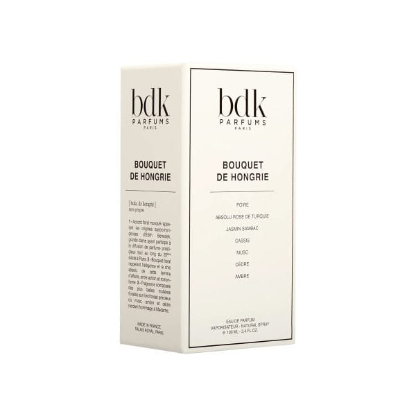 BDK Parfums Bouquet de Hongrie Eau de Parfum retail packaging box featuring minimalist cream and black design with fragrance notes listed on the front.
