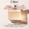 Chloé Eau de Parfum bottle with blush ribbon displayed beside a customer review quote about its feminine and elegant scent.