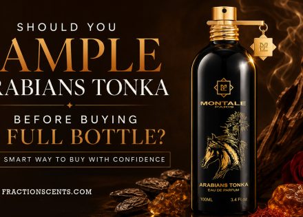 Montale Arabians Tonka Eau de Parfum bottle on a dark luxury background with gold accents, amber crystals, tonka beans, rose, oud wood, and text promoting sampling before buying a full bottle.