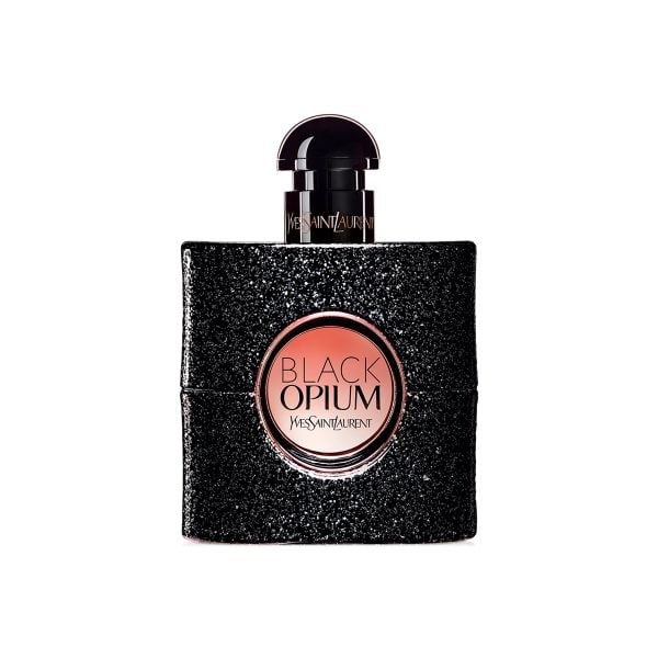 Black Opium Eau de Parfum bottle by Yves Saint Laurent with glitter black finish and pink center label on white background