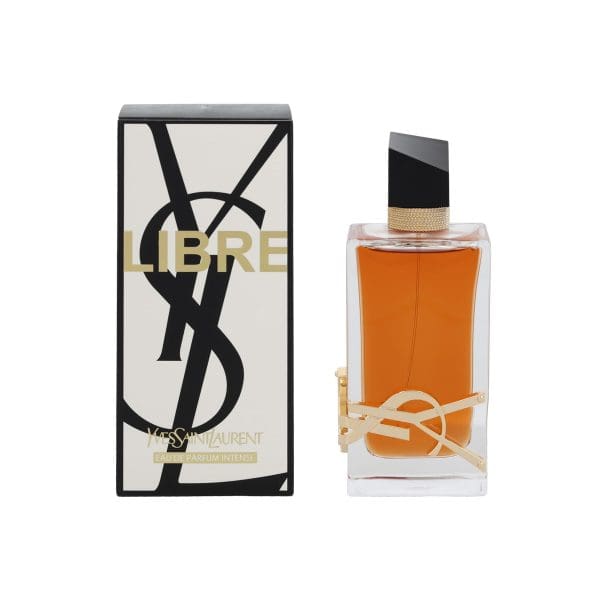 Yves Saint Laurent Libre Eau de Parfum Intense perfume bottle beside the original Libre retail box on a white background.