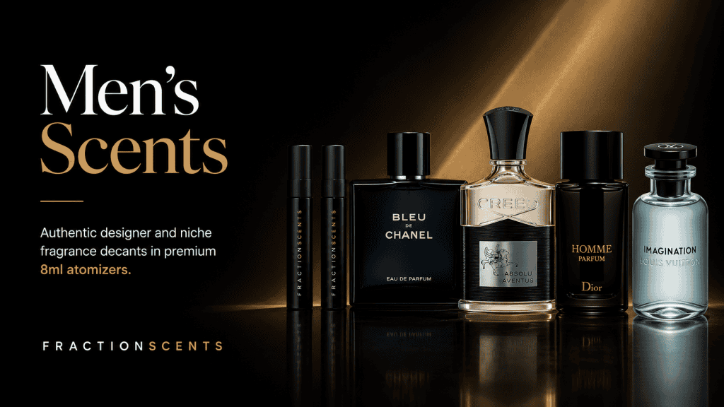 Men’s Scents banner for FractionScents featuring premium 8ml travel atomizers alongside Bleu de Chanel, Creed Absolu Aventus, Dior Homme Parfum, and Louis Vuitton Imagination fragrance bottles on a glossy black surface with warm bronze lighting.