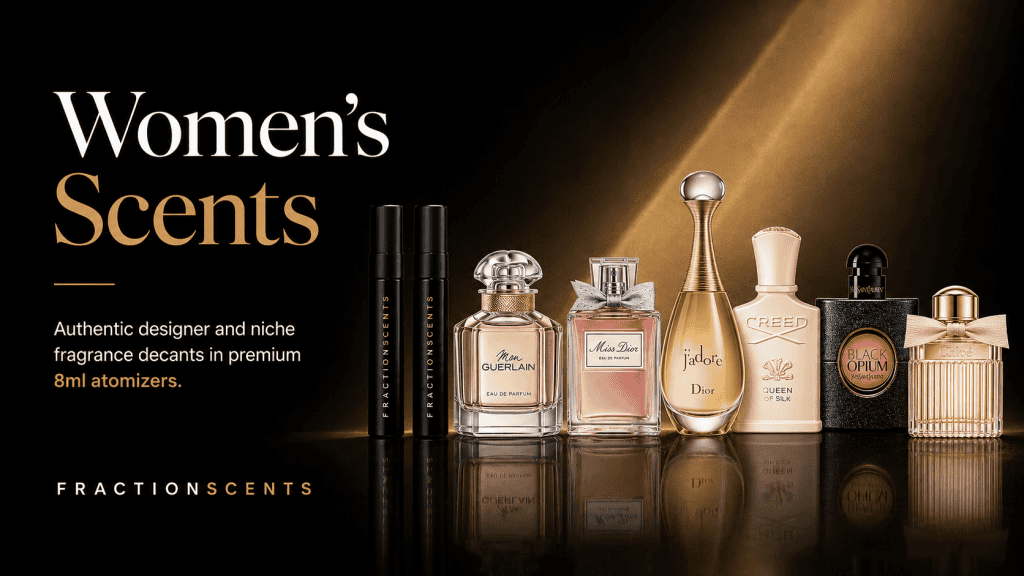 Women’s Scents banner for FractionScents featuring premium 8ml travel atomizers alongside Mon Guerlain, Miss Dior, J’adore, Creed Queen of Silk, Black Opium, and Chloé perfume bottles on a glossy black surface with warm bronze lighting.