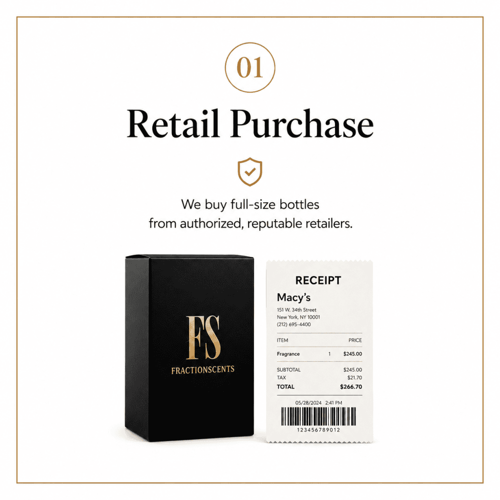 FractionScents retail purchase process showing a premium black fragrance box beside a Macy’s receipt, representing full-size designer fragrance bottles sourced from authorized and reputable retailers.