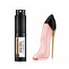 Stylish perfume bottle shaped like a high heel shoe with pink and gold accents.