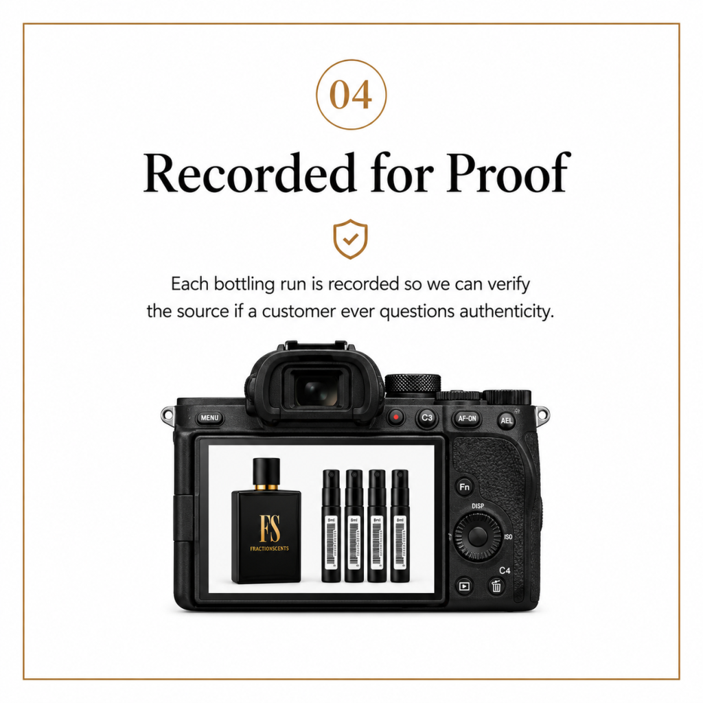 Fraction Scents records each fragrance decant bottling process to verify the source and provide proof of authenticity for customers.