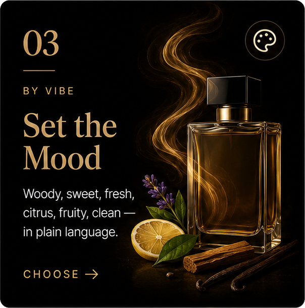 Find your scent by vibe with the Fraction Scents fragrance finder, choosing from woody, sweet, fresh, citrus, fruity, and clean fragrances.