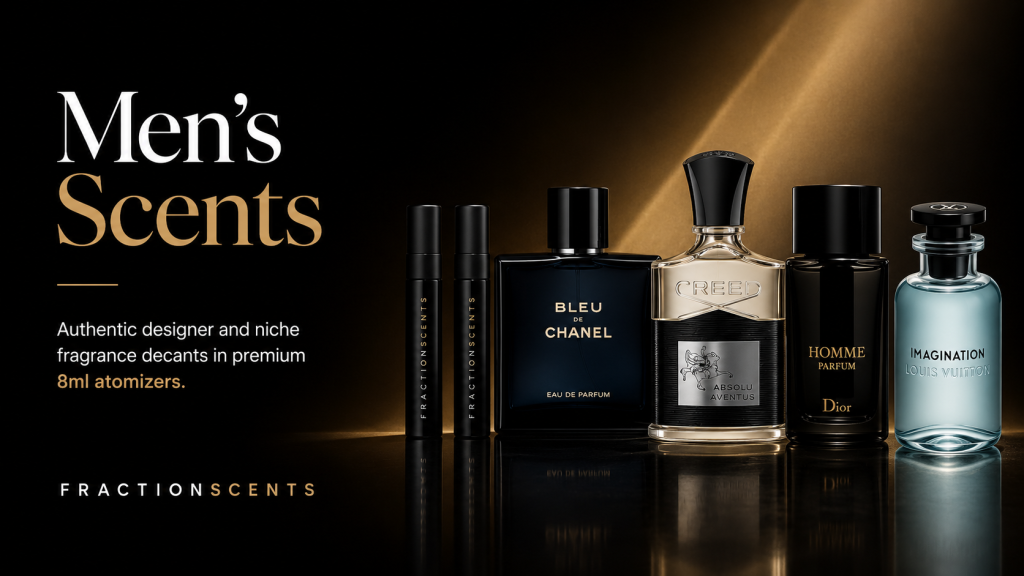 Men’s designer and niche fragrance decants from Fraction Scents in premium 8ml atomizers, featuring popular luxury men’s fragrances.
