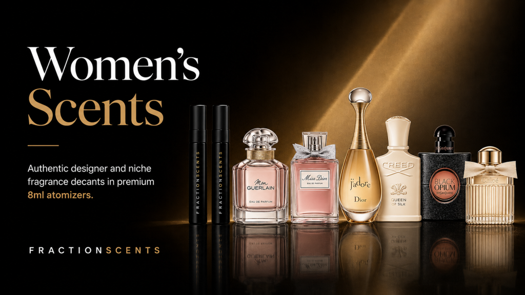 Women’s designer and niche fragrance decants from Fraction Scents in premium 8ml atomizers, featuring popular luxury women’s fragrances.