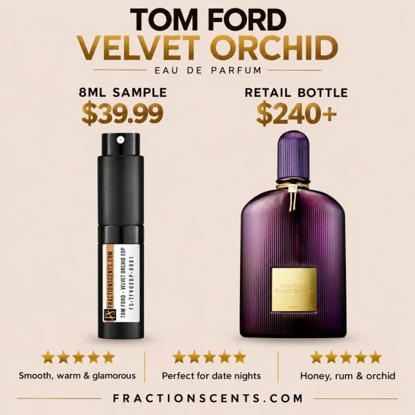 Velvet Orchid perfume bottle and sample from Fraction Scents.