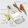 Perfume bottle with cedarwood, patchouli, and jasmine notes.