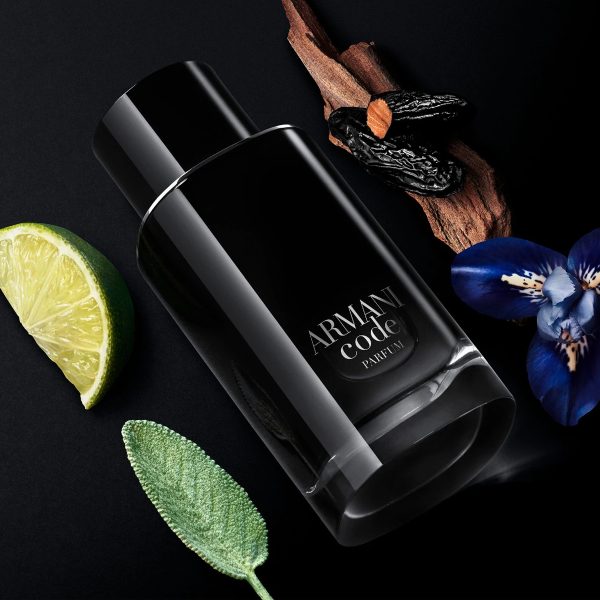 Elegant black Armani Code Parfum bottle with citrus and floral accents.