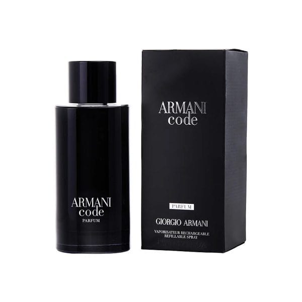 Armani Code Parfum bottle with sleek black design and matching box.