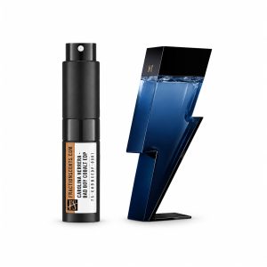 Bold black and blue fragrance bottle with lightning bolt design.