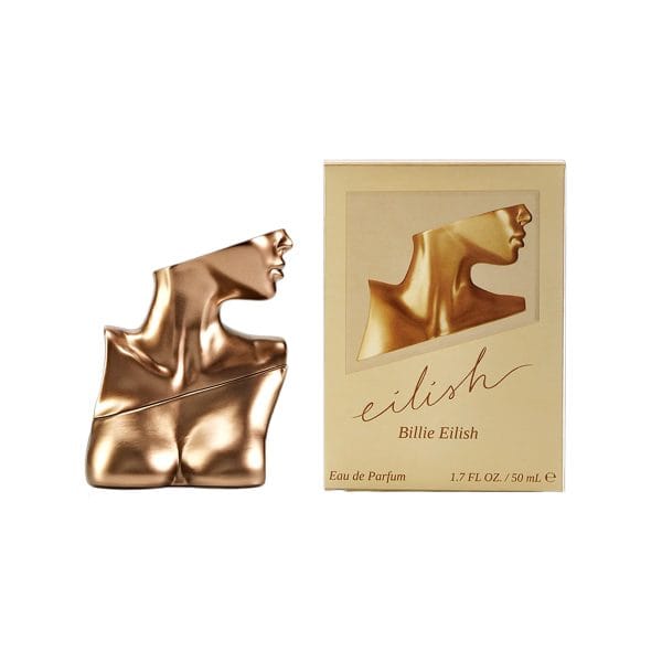 Elegant gold-toned perfume bottle with box, inspired by Billie Eilish's fragrance.