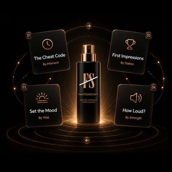 Stylish black perfume bottle with glowing accents and scent tips around it.